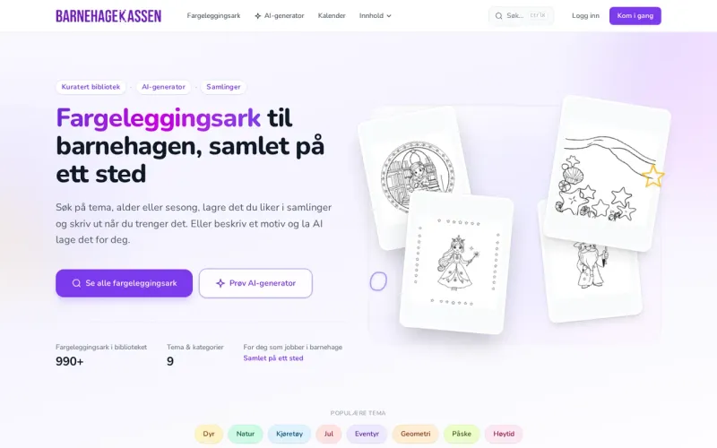 Forsiden til Barnehagekassen med søk og snarveier til innhold