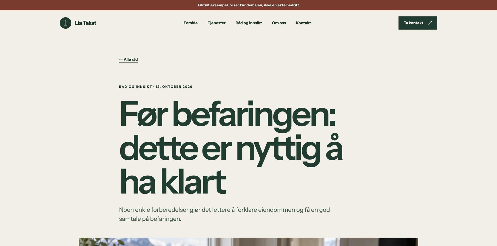 Fagartikkel om befaring på den fiktive Lia Takst-nettsiden