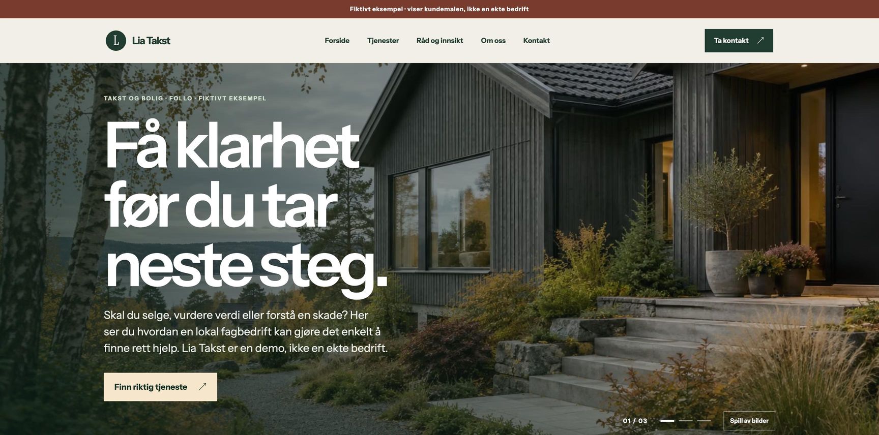 Forsiden til den publiserte, fiktive nettsiden Lia Takst