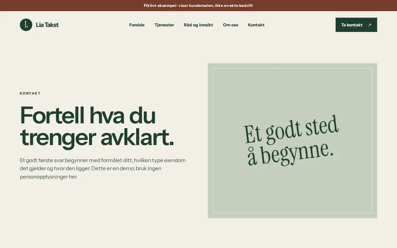 Desktopvisning av kontaktsiden på Lia Takst-demoen med skjema og kontaktinformasjon