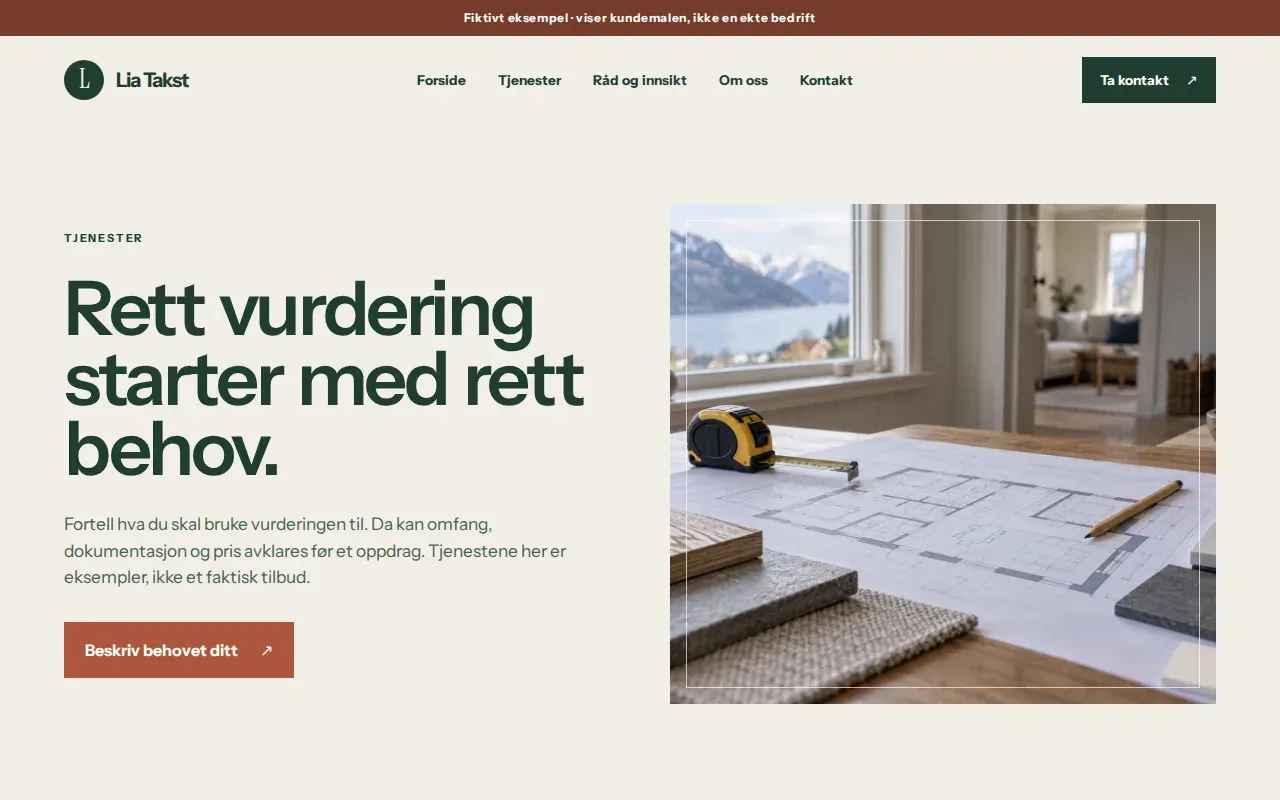 Desktopvisning av tjenestesiden på Lia Takst-demoen med tydelige tjenestekort
